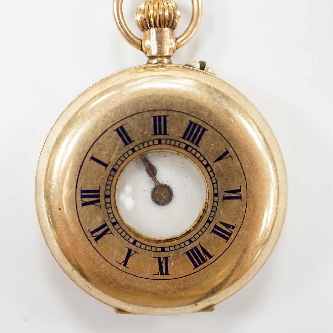 An Edwardian 12ct gold half hunter fob watch, with Arabic dial and Roman chapter ring, gross weight 20.8 grams. Condition - poor
